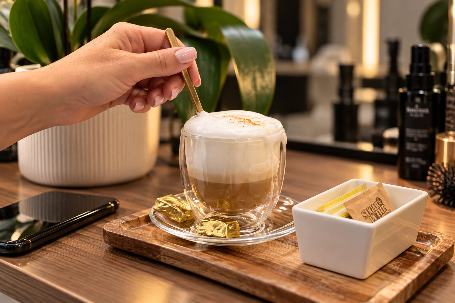 A cappuccino served at the salon