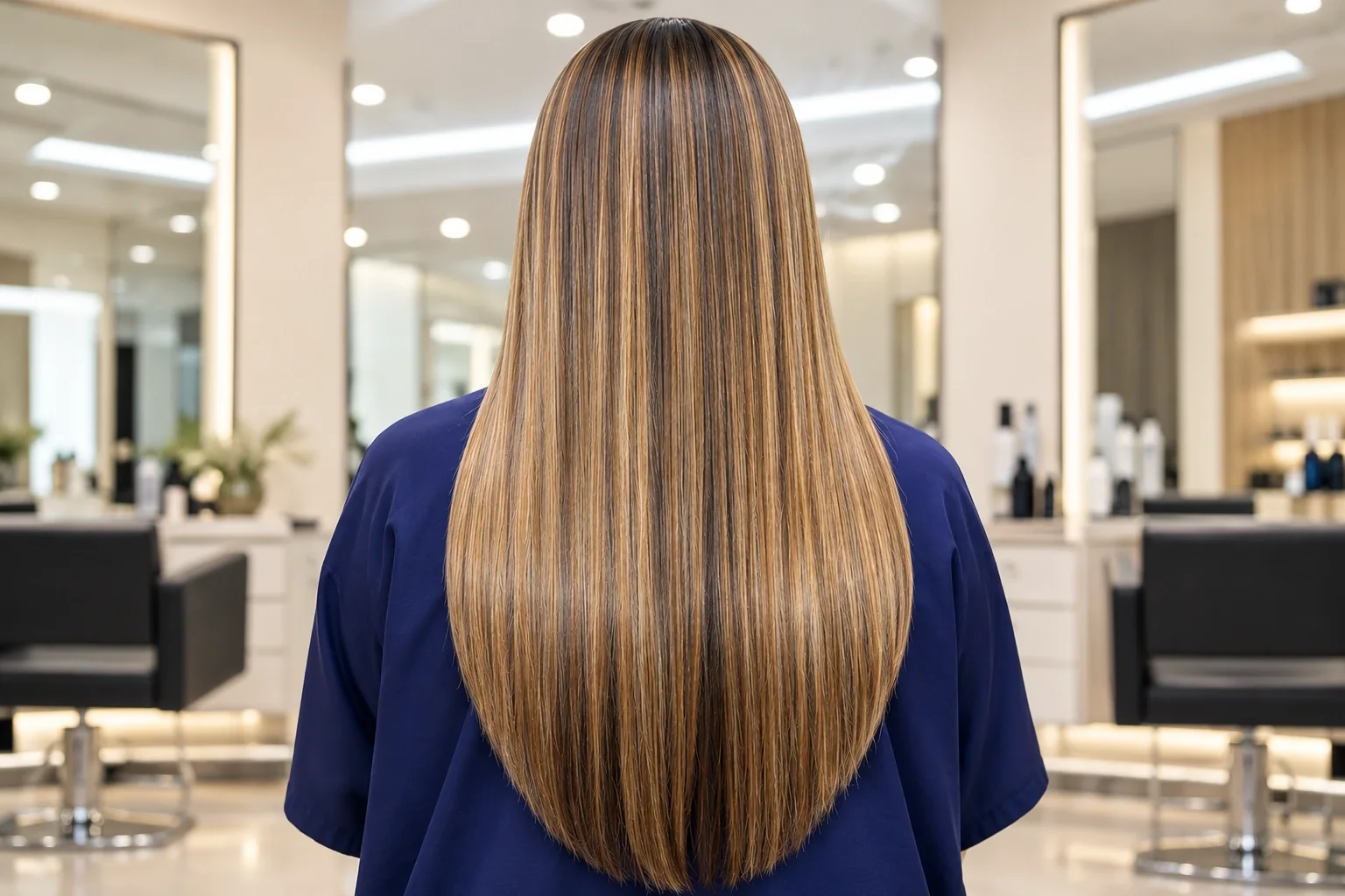 Long, sleek hair with caramel highlights after an Italian-Smooth treatment