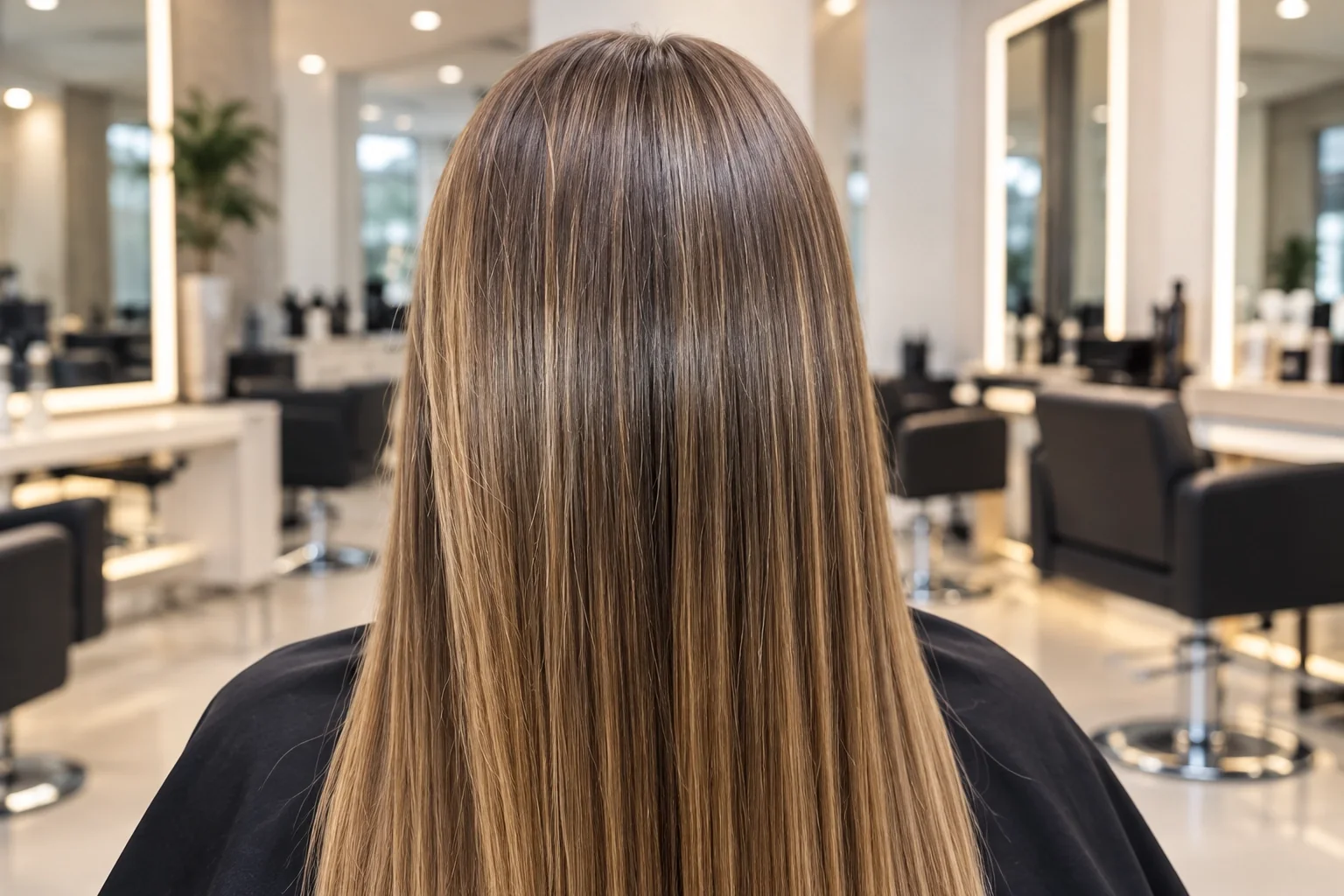 Long, smooth, glossy light-brown hair after a keratin treatment