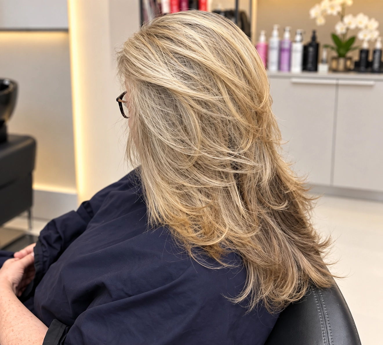 Layered blonde color seen from the side